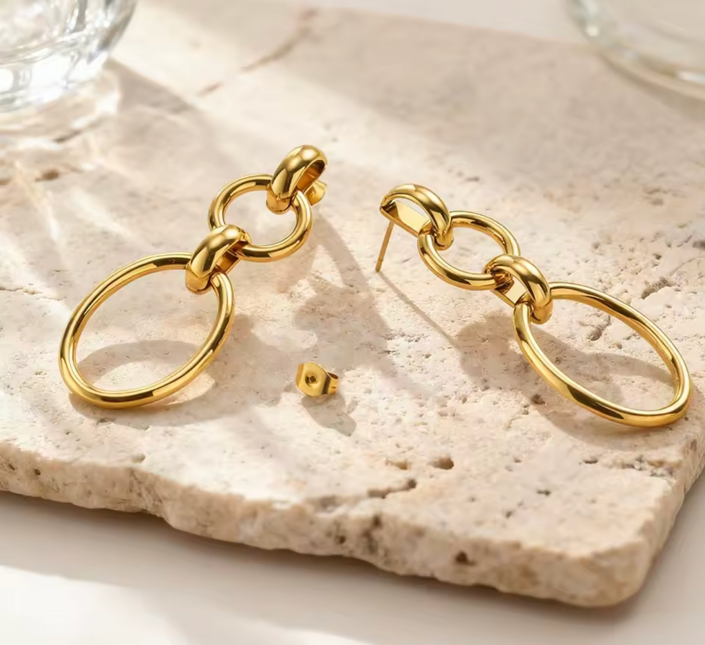 Geometric Circle Chain Drop Earrings in Stainless Steel for Women