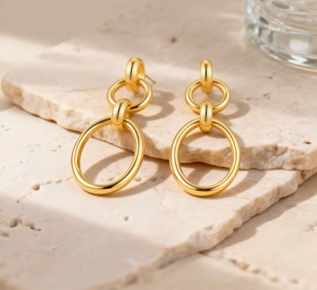 Geometric Circle Chain Drop Earrings in Stainless Steel for Women
