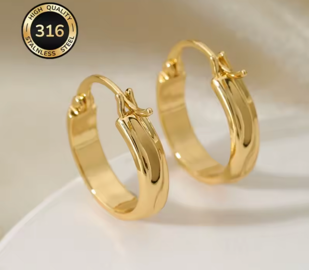 Gold-Plated Stainless Steel Glossy Round Hoop Earrings for Women