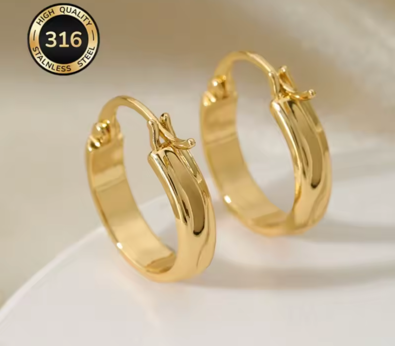 Gold-Plated Stainless Steel Glossy Round Hoop Earrings for Women