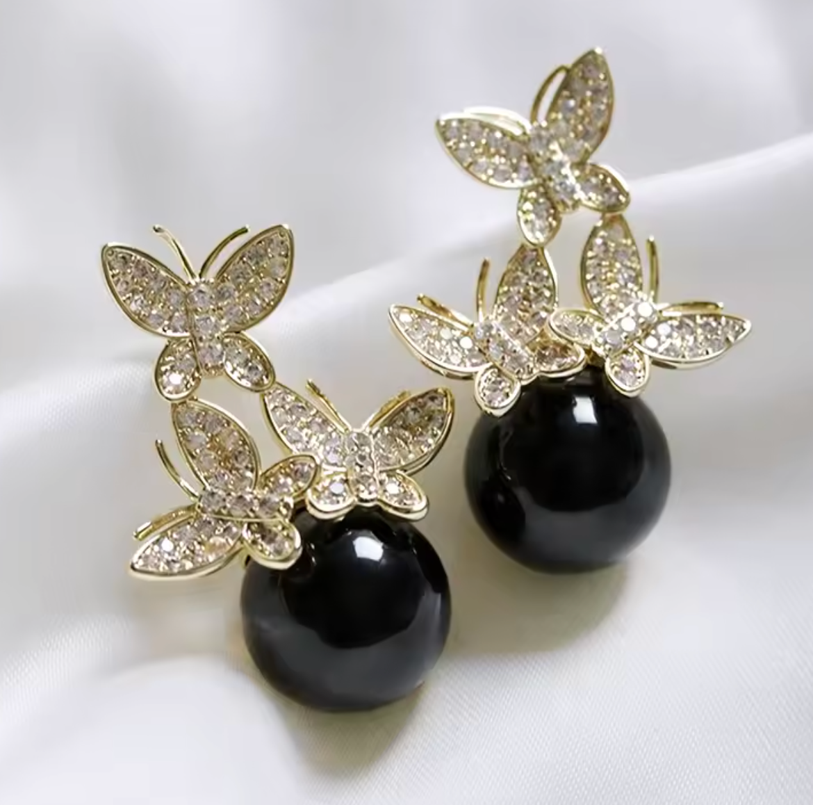 Butterfly Imitation Pearl Drop Earrings with Sparkling