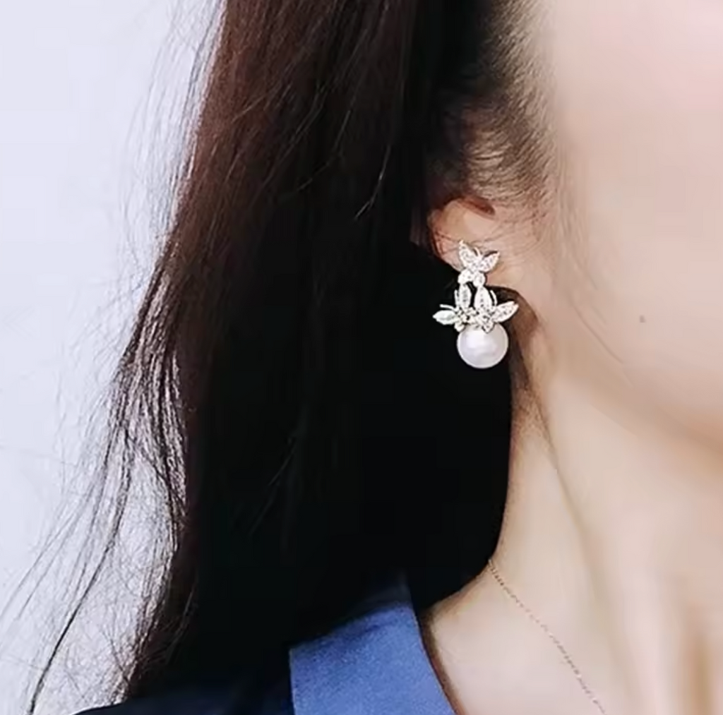 Butterfly Imitation Pearl Drop Earrings with Sparkling