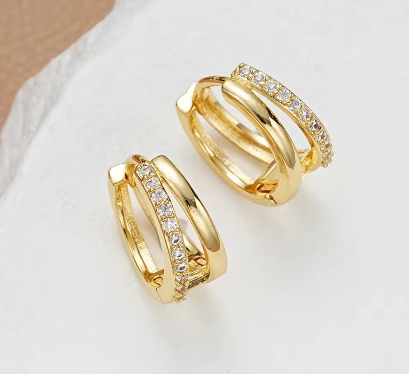 Stainless Steel Gold Color Double Ring Hoop Earrings