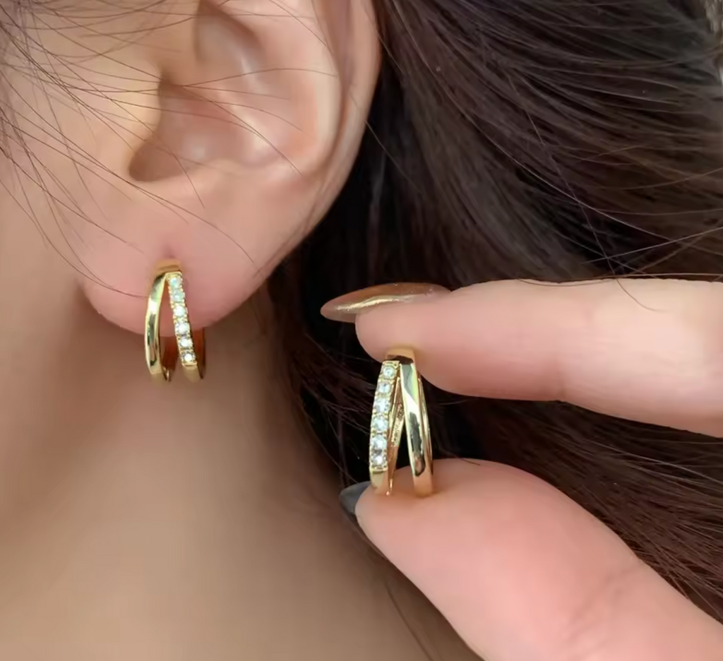 Stainless Steel Gold Color Double Ring Hoop Earrings