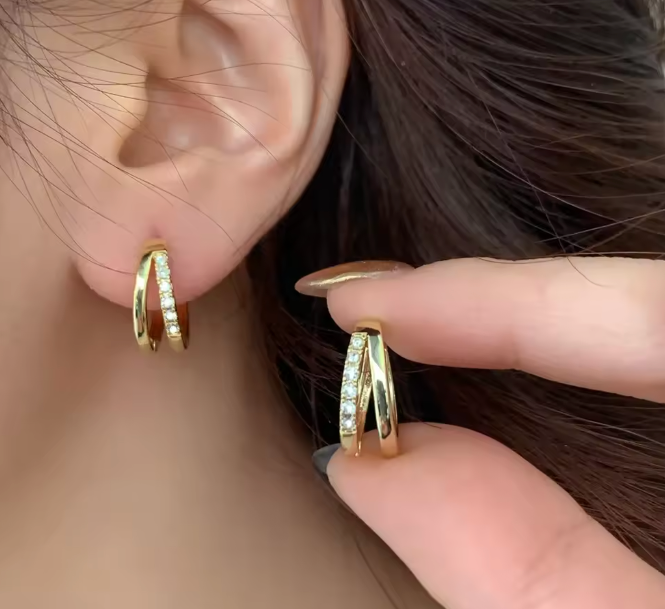 Stainless Steel Gold Color Double Ring Hoop Earrings