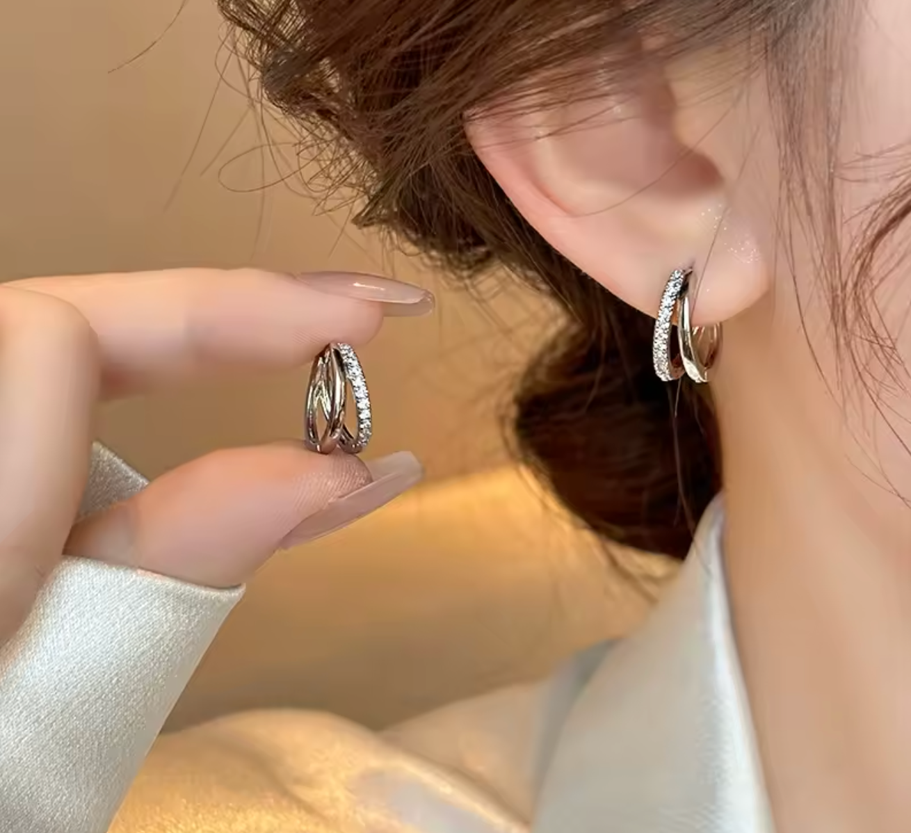 Stainless Steel Gold Color Double Ring Hoop Earrings